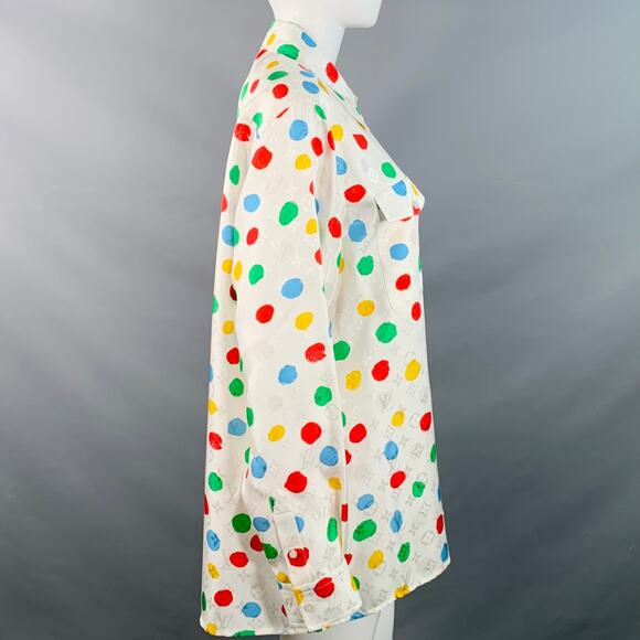 Size M White Multi Color Silk Monogram Dots Button Up Shirt - Picture 3 of 7